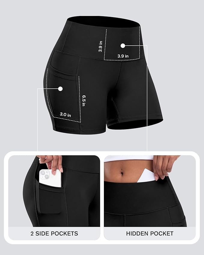 CHRLEISURE Womens Biker Yoga Shorts with Pockets: High Waisted Tummy Control Spandex Workout Athletic Gym Shorts 4 Packs