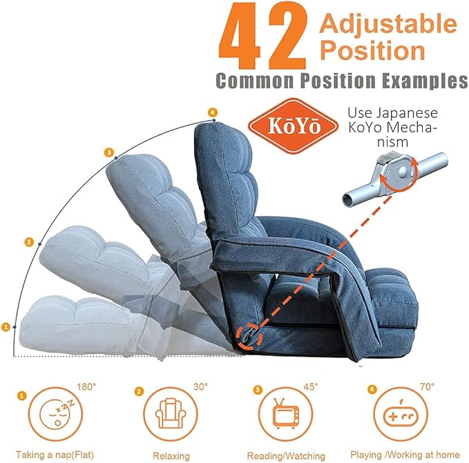 FLOGUOR 14-Position Adjustable Floor Chair, Chaise Lounge Indoor, Folding Lazy Sofa with Armrests and a Pillow Padded Adults Gaming Chairs for Living Room, Bedroom Factory Price (Blue) 8803BL
