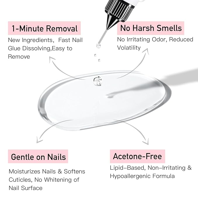 Curvlife 20ml(2pcs)Pinpoint Nail Glue Remover for Press on, Multi-Functional Remover for Nails Tips, Non-Acetone Nail Polish Remover, Gentle Glue Remover for Gel x Nails