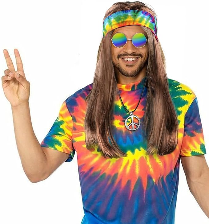 MOVINPE Hippie Accessories for Men - Hippie Wig Sunglasses Peace Sign Necklace Tie Dye Headbands, Halloween Costume 70s Disco Style 60s Outfit Fancy Dress Retro Night