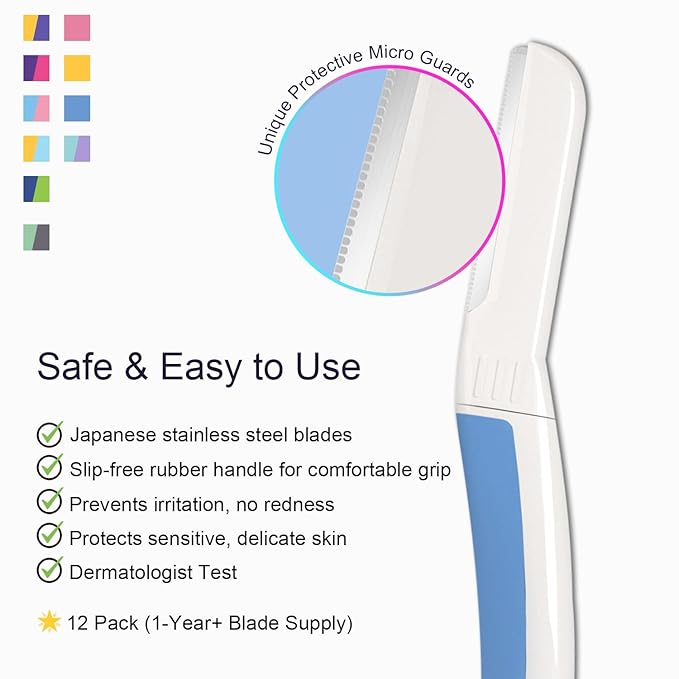 Face Razors for Women, Dermaplane Razor for Women Face, Eyebrow Razor, Dermaplaning Tool, Skin Safe Microblades, Peach Fuzz Remover (12ct, Aegean Frost)