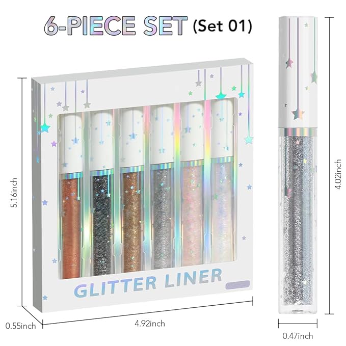 evpct 6Pcs Sparkle Glitter Liquid Eyeliner Eye Makeup Set, Metallic Liquid Eyeliner Waterproof Long-lasting, Liquid Glitter Eye liner in Multi Colors for Stunning Shimmery Eye Look, 01#