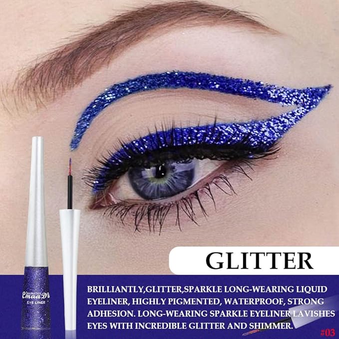 evpct 2Pcs Dark Light Royal Blue Color Liquid Glitter Eyeliner Liners Sets for Women Liquid Sparkly Glitter Eyeliner delineador con glitter de colores para ojos colores 03+12
