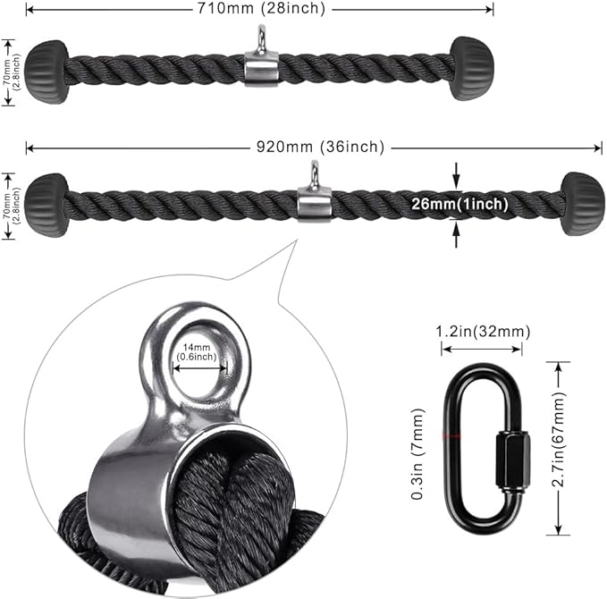 Kipika Tricep Rope, Cable Machine Attachments Pulley System Gym Pull Down Rope, Heavy Duty Nylon Rope with Soft Rubber Ends