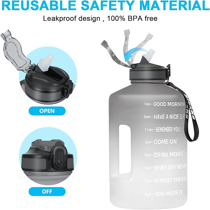 1 Gallon Motivational Sports Water Bottle with Time Marker, BPA Free 128oz Leak Proof Jug, Black, Plastic, 128 ounces, Fitness, Sports, Outdoor Activities