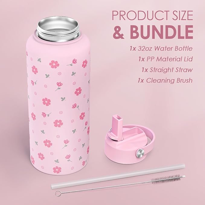 Floral Water Bottle 32oz Stainless Steel with Lid, Insulated Bottles for Women Girls, Gifts Ideas for Birthday Christmas