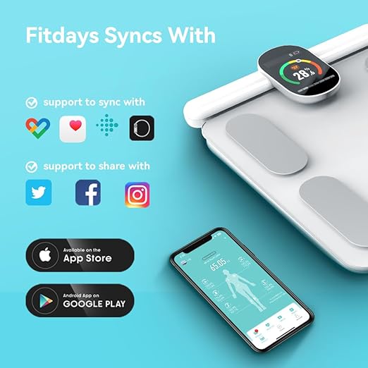 Fitdays Smart Body Fat Scale | Advanced 8-Electrode Technology for BMI/20+ Body Metrics | Full-Color LED & High Precision | Bathroom Weight Scale for Fitness/Weight Loss (FG2305ULB-White)