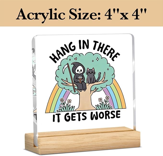 Mental Health Quotes Decor, Motivational Gifts for Women Men, Sarcastic Office Acrylic Sign With Wooden Decoration for Office Bedroom Dorm Apartment Decor-Hang in There It Gets Worse