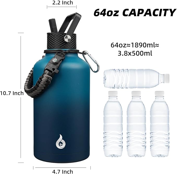 BJPKPK Half Gallon Insulated Water Bottles with 3 Lids and Paracord Handle, 50oz, 64oz, 87oz, 128oz Large, Stainless Steel Water Bottles with Straw Lid, Half Gallon Water Jug,Vast