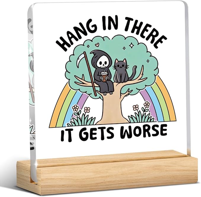 Mental Health Quotes Decor, Motivational Gifts for Women Men, Sarcastic Office Acrylic Sign With Wooden Decoration for Office Bedroom Dorm Apartment Decor-Hang in There It Gets Worse