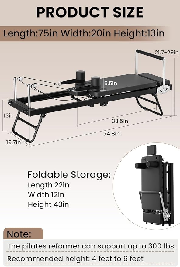 Pilates Reformer,Foldable Pilates Machine, Equipment for Home Use and Gym Workout, Fit for Advanced and Beginners and for Home,Up to 265 lbs Weight Capacity