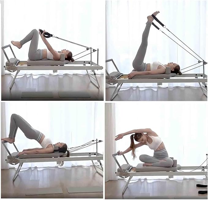 Foldable Reformer Pilates Machine, Yoga Workout Indoor Pilates Exercise Equipment, for Home Gym, Multifunction Portable Adjustable Reformer, Compact Training Weight,Off White