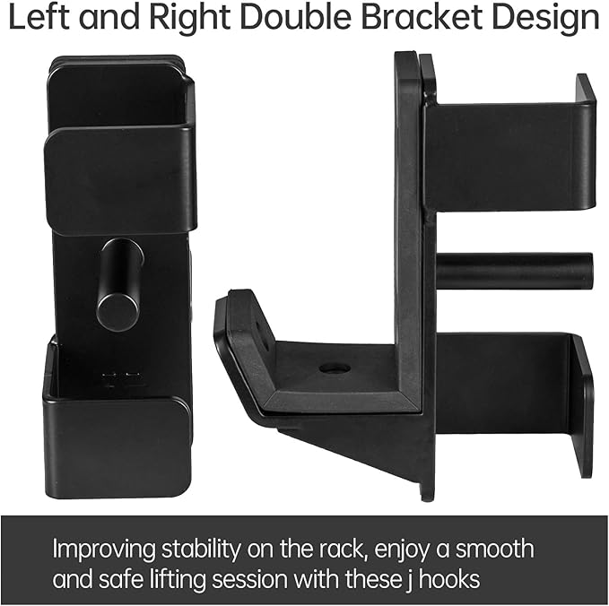 J Hooks for 2" x 2" Power Rack, Rubber Pad J-Hook for Power Cage, Bottom Reinforced Steel J Cups for Squat Rack, Heavy Duty Barbell Holder, Black