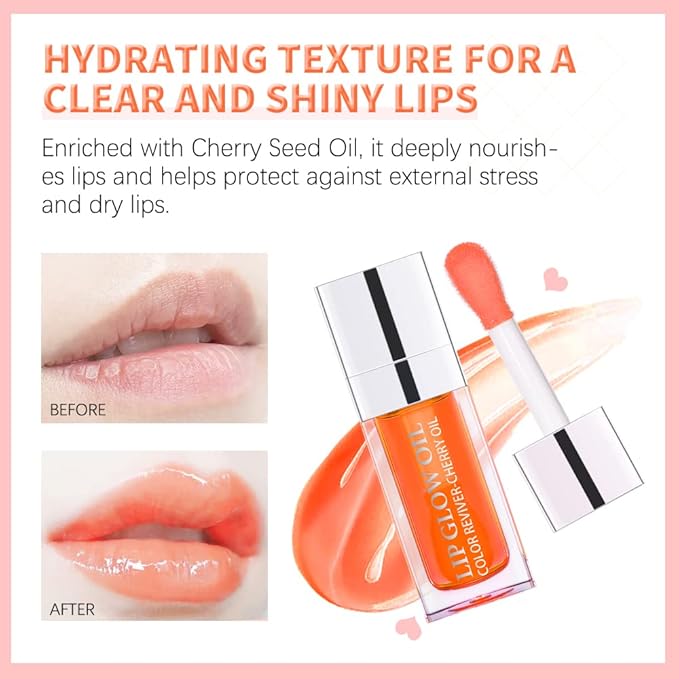 Hydrating Lip Glow Oil, Lip Oil Gloss Transparent Toot Tinted Nourishing Long Lasting Repairing Lightening Lip Lines (CLEAR) 0.2 OZ
