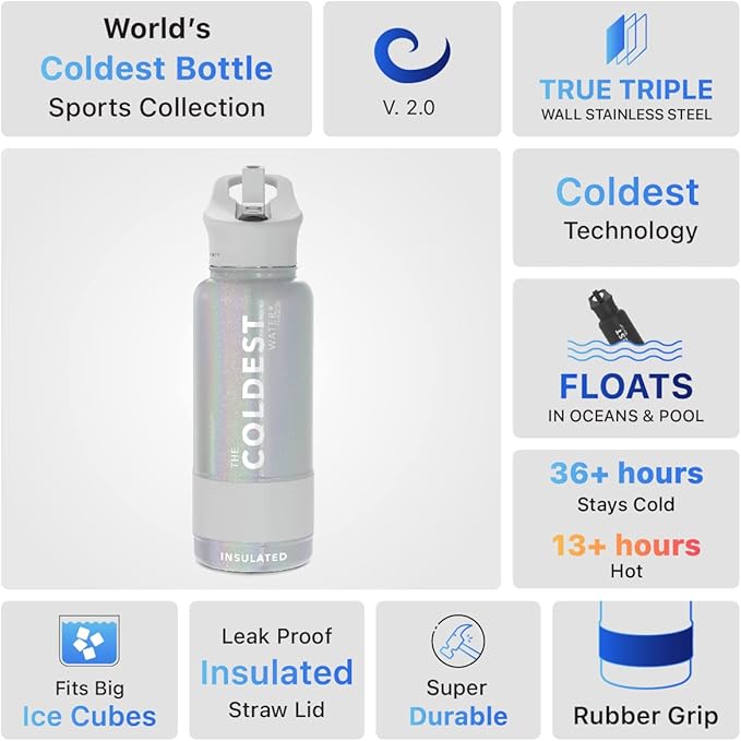 Coldest Insulated Water Bottle with Straw Lid - Stainless Steel Metal Insulated Bottle for Men & Women (Supernova Silver Glitter, 40 oz)