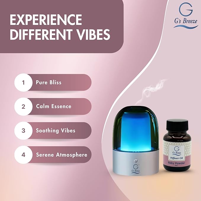 G's Breeze Smart Aroma Diffuser with 60ml Baby Powder Scent Refill – Bluetooth & Wi-Fi App Control - LED Lighting & Adjustable Intensity - Long-Lasting Soft Powdery Fragrance for Home or Office