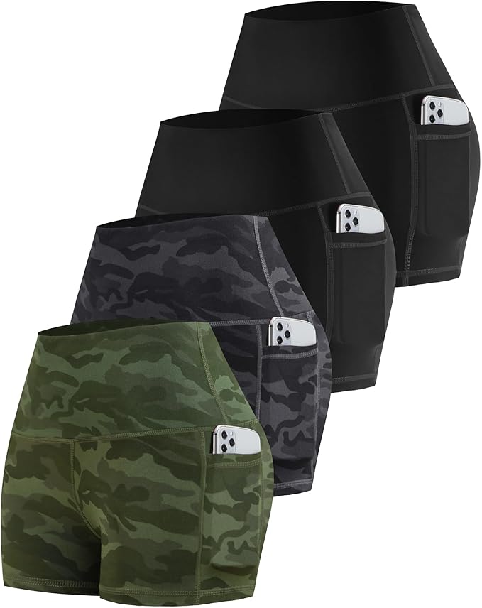 CHRLEISURE Womens Biker Yoga Shorts with Pockets: High Waisted Tummy Control Spandex Workout Athletic Gym Shorts 4 Packs