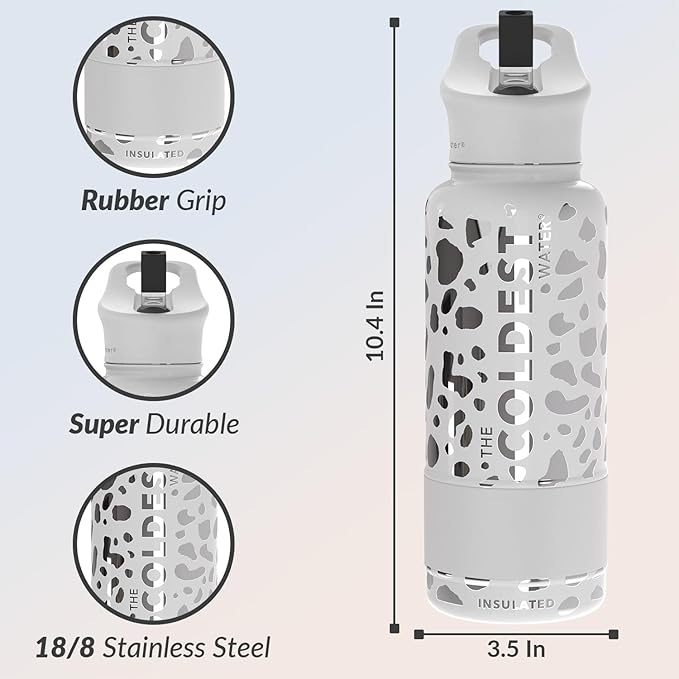 Coldest Insulated Water Bottle with Straw Lid - Stainless Steel Metal Insulated Bottle for Men & Women (Silver Leopard, 32 oz)
