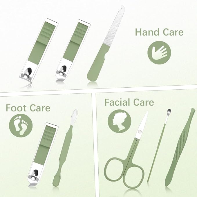 Manicure Set, Stainless Steel Nail Clipper Kit Nail Clipper Set 7 in 1 Manicure Kit Pedicure Kit Portable Nail Grooming Kit Fingernail Toenail Clippers for Men Husband Boyfriend Women Green