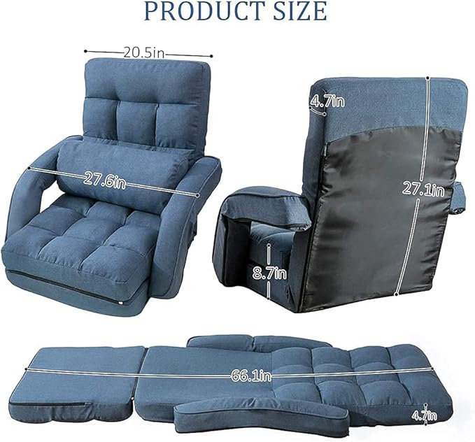 FLOGUOR 14-Position Adjustable Floor Chair, Chaise Lounge Indoor, Folding Lazy Sofa with Armrests and a Pillow Padded Adults Gaming Chairs for Living Room, Bedroom Factory Price (Blue) 8803BL