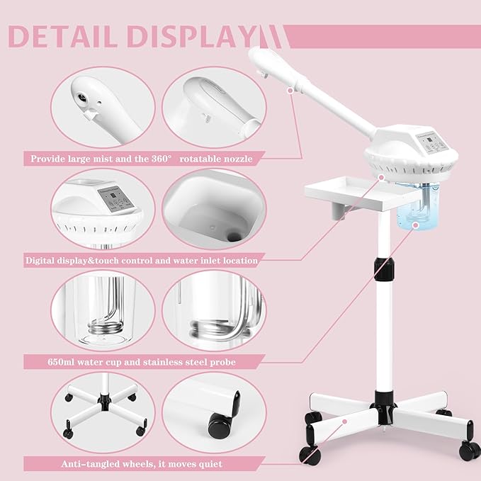 Facial Steamer Professional, Facial Steamer on Wheels with Storage Platform, Face Steamer with More Steam for Deep Cleansing and Hydration, Estheticians Steamer for Beauty, Spa and Home Use(White)