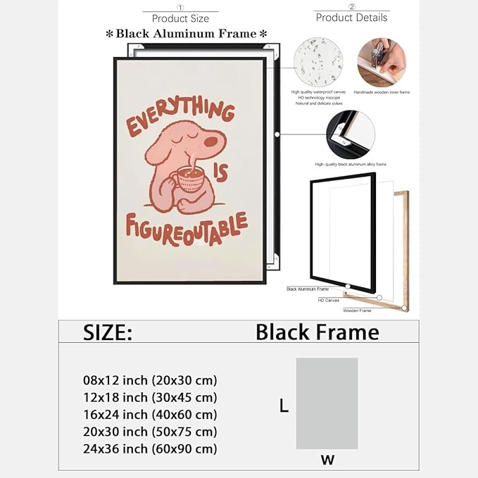 Everything is Figureoutable Motivational Canvas Wall Art Print Cute Dog Quote Inspirational Art Poster Mental Health Home Office Kids Affirmation Wall Decor Minimalist Picture 8x12inch black framed