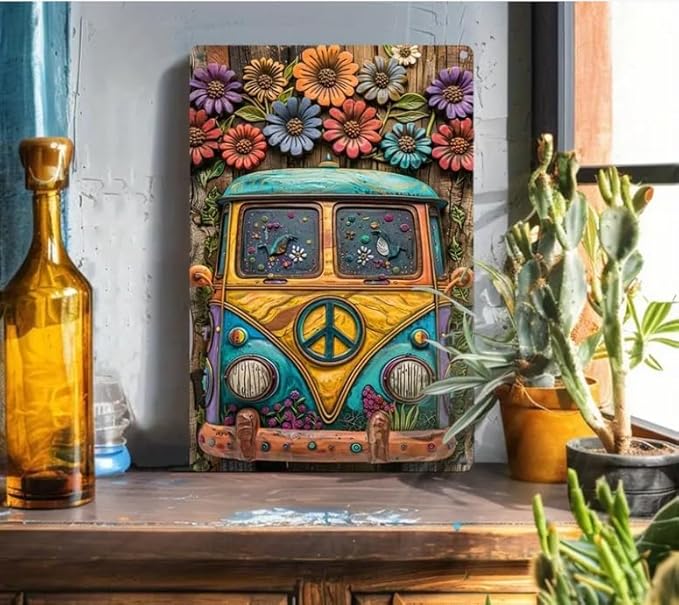 Retro Peace Van Metal Wall Art Sign, 8x12 Inches, Colorful Floral Design, Vintage Hippie Style Home Decor