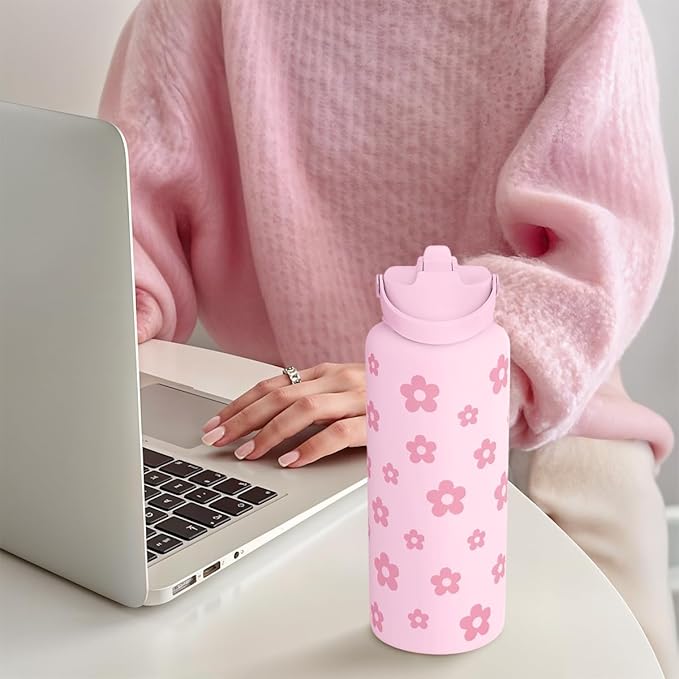 Floral Water Bottle Stainless Steel 32oz with Lid & Straw, Daisy Insulated Bottles Gifts for Women Girls Friends Teens Birthday Christmas