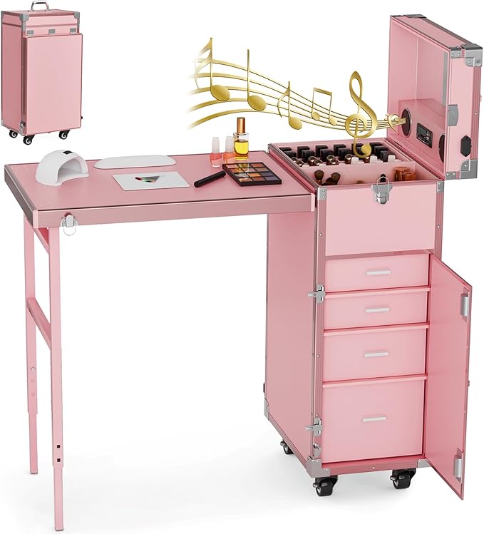 Icoget Portable Rolling Manicure Table for Nail Teach, Foldable Traveling Nail Desk w/Storage, Mobile Nail Table w/Audio and Mirror, Makeup Train Case Cosmetic Trolley, Pink