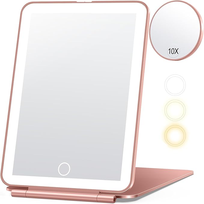 Rechargeable Travel Makeup Mirror, Vanity Mirror with 80LEDs, 3 Color Lighting, 2000mAh Battery, Portable Ultra Slim Lighted Makeup Mirror, Gift for Women (Rose Gold)