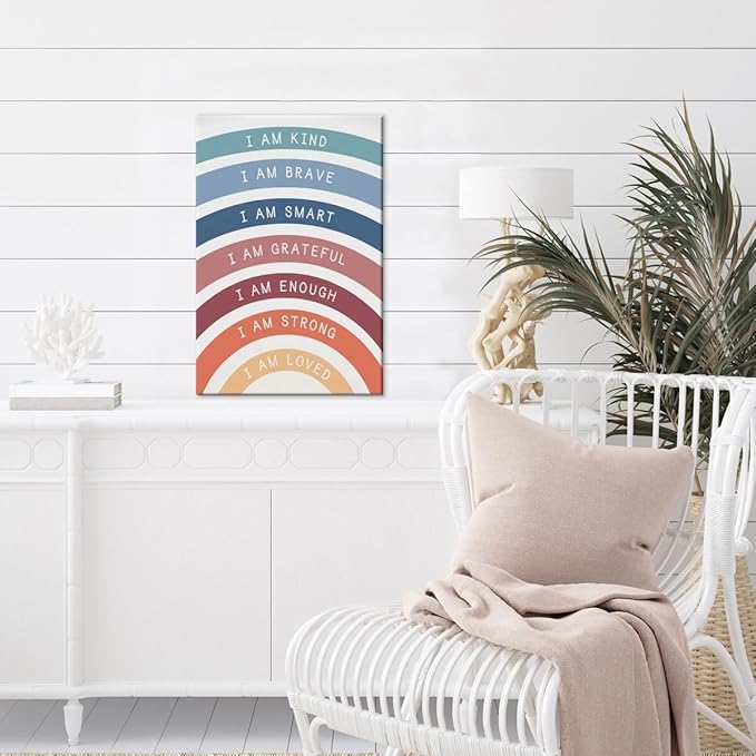 I am Kind Brave Loved Enough Motivational Canvas Wall Art Print Rainbow Quote Inspirational Art Poster Trendy Office Affirmation Wall Decor Minimalist Picture Painting Home Decor 8x12inch Framed