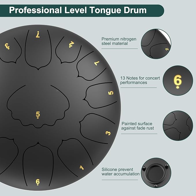 Large Steel Tongue Drum Handpan: 12 Inches 13 Notes Rain Drums for Outside Garden, Meditation Hand Pan with Music Book, Mallets and Carry Bag, Musical Instrument for Adult Kid Gift (Black)