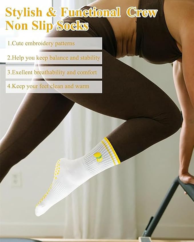 DADAB Cute Pilates Grip Socks for Women – Yoga Grippy Non Slip Barre Sticky Crew Socks for Workout, Hospital Use