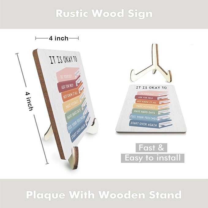 Decorative Desk Decor Motivational Okay Affirmations Positive Plaque with Wooden Stand Inspirational Wood Sign for Nursery Playroom Homeschool Classroom Reading Corner Table Shelf Book Lover Gifts