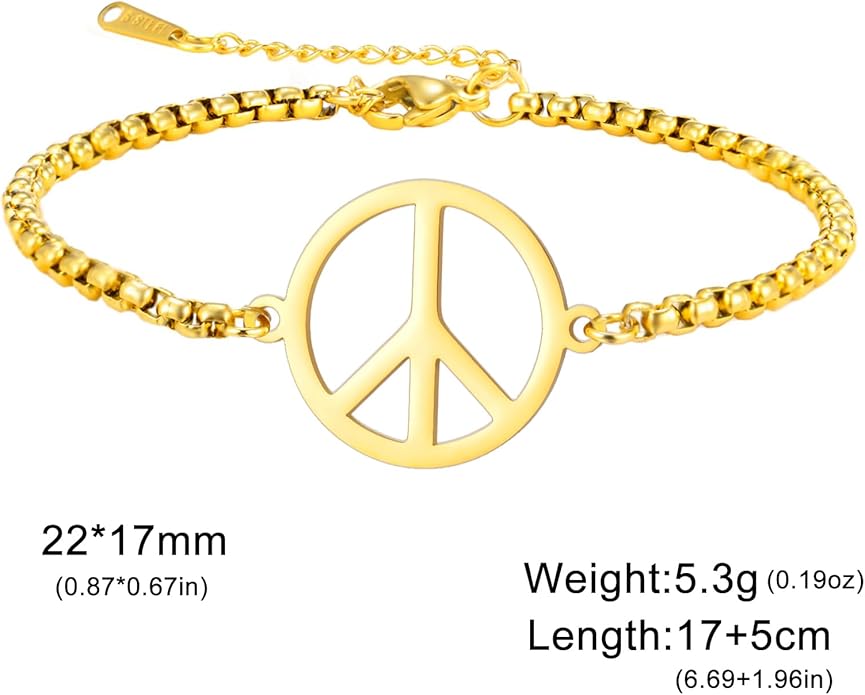 LIKGREAT Adjustable World Peace Symbol Bracelet for Women Stainless Steel Pendant Box Chain 1970s Jewelry