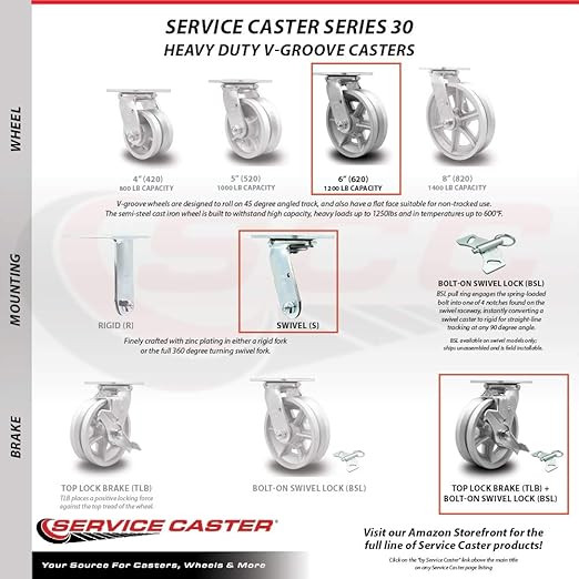 V Groove Semi Steel Cast Iron Swivel Top Plate Heavy Duty Caster with 6 Inch Wheel and Top Lock Brake and Bolt on Swivel Lock – 1,200 lbs. Capacity/Caster - Service Caster Brand