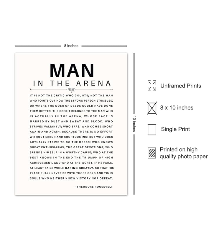 Man in the Arena Quote Poster - 8x10 Motivational Inspirational Teddy Roosevelt Daring Greatly Wall Art Decor - Unique Gift for Men, Boys, Teens, Entrepreneur - For Office, Living Room, Bedroom