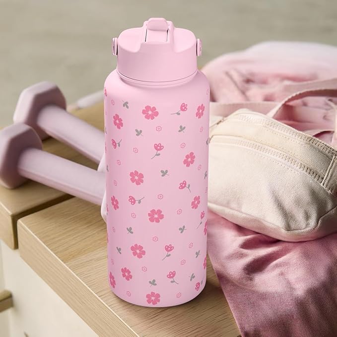 Floral Water Bottle 32oz Stainless Steel with Lid, Insulated Bottles for Women Girls, Gifts Ideas for Birthday Christmas