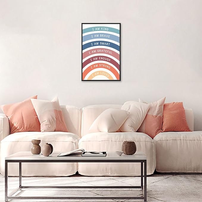 I am Kind Brave Loved Enough Motivational Canvas Wall Art Print Rainbow Quote Inspirational Art Poster Trendy Office Affirmation Wall Decor Minimalist Picture Painting Home Decor 24x36inch black framed