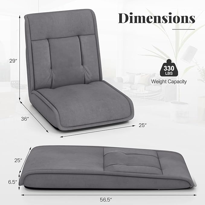 COSTWAY Folding Floor Chair, Convertible Lazy Sofa Chair with 14-Poistion Adjustable Backrest, 5-Position Adjustable Headrest, Cushioned Floor Gaming Chair for Adults, Reading, Meditating (Grey)