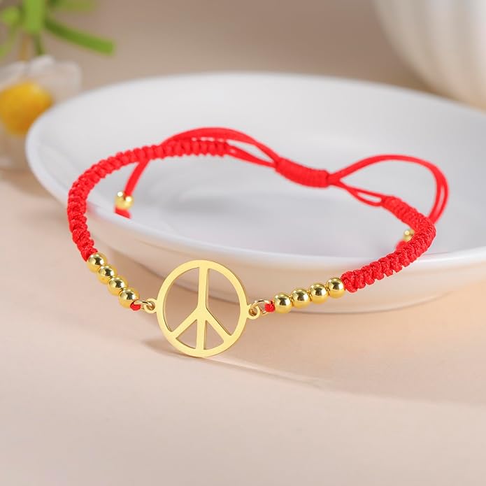 LIKGREAT Peace Sign Pendant Bracelet for Women Peace Symbol Adjustable Handmade Braided Wax Cords Beaded Bracelet
