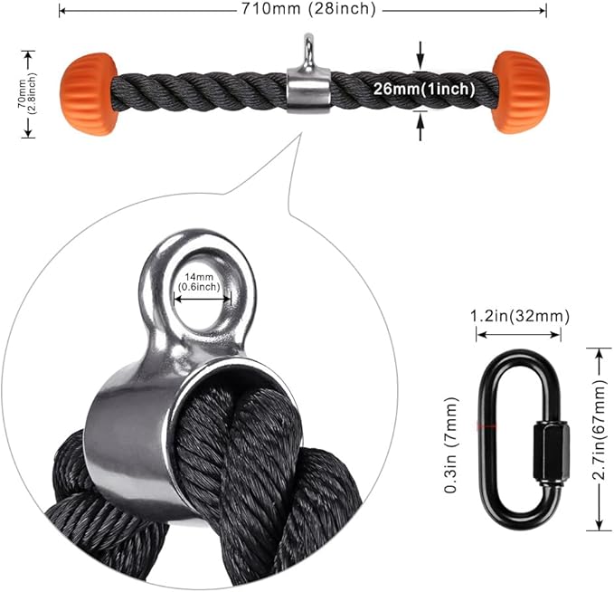 Kipika Tricep Rope, Cable Machine Attachments Pulley System Gym Pull Down Rope, Heavy Duty Nylon Rope with Soft Rubber Ends
