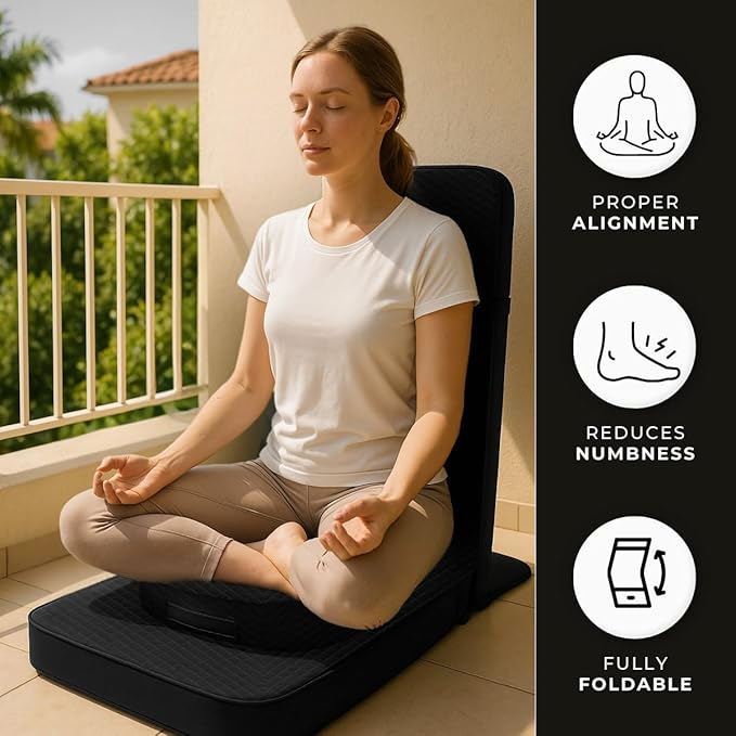 Friends Of Meditation Relaxing Buddha Meditation Chair | Detachable Rectangular Back Support & Zafu Cushion | Portable Folding Chair | with Back Support | Yoga Chairs for Adults | Black