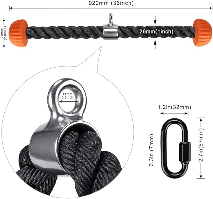Kipika Tricep Rope, Cable Machine Attachments Pulley System Gym Pull Down Rope, Heavy Duty Nylon Rope with Soft Rubber Ends