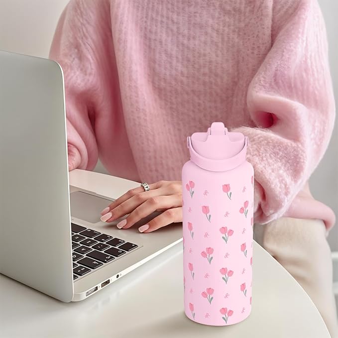 Floral Water Bottle 32oz Stainless Steel with Lid, Tulip Insulated Bottles for Women Girls, Gifts Ideas for Birthday Christmas