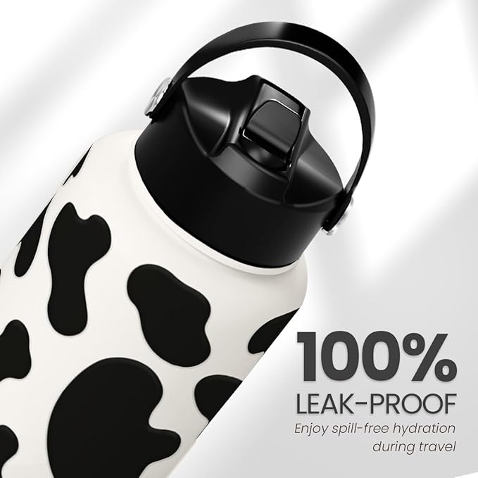 Cow Print Water Bottle 32oz Stainless Steel Vacuum Insulated with Lid, Cow Water Bottles for Gym Sports Travel Outdoor, Cow Gifts for Women Girls Birthday Christmas