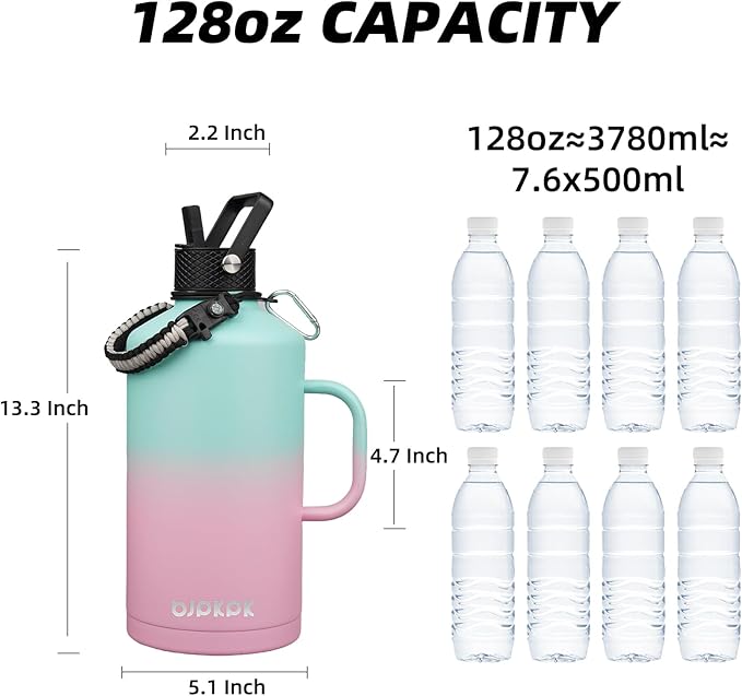 BJPKPK 1 Gallon Water Bottle Insulated with Straw Lid, 50oz, 64oz, 87oz, 128oz Large, Stainless Steel Water Bottles with 3 Lids and Paracord Strap, Double Wall Vacuum Metal Water Jug,Marshmallow