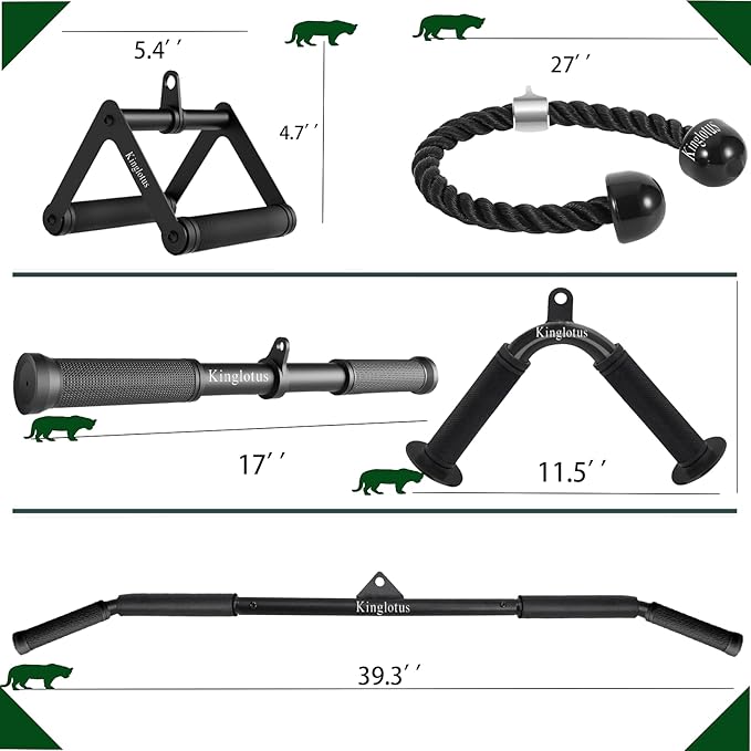 Kinglotus Home Gym Cable Machine Accessory Set:39inch Lat Pull Attachment, Straight Pull Down Bar,V Shaped Bar Triceps Rope Double D Handles. weight machine accessories to enhance your fitness results