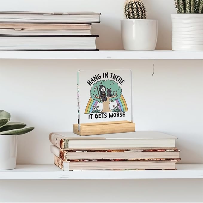 Mental Health Quotes Decor, Motivational Gifts for Women Men, Sarcastic Office Acrylic Sign With Wooden Decoration for Office Bedroom Dorm Apartment Decor-Hang in There It Gets Worse