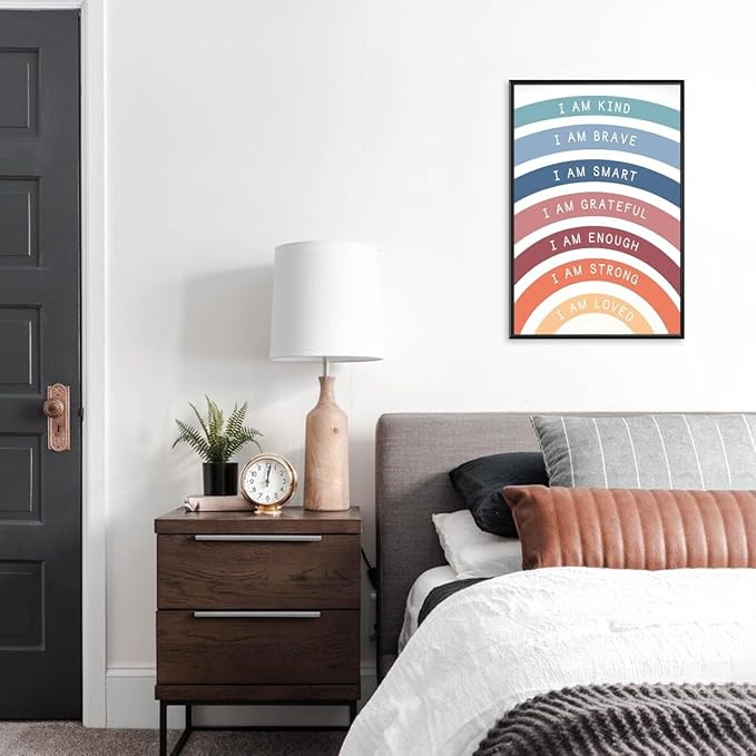 I am Kind Brave Loved Enough Motivational Canvas Wall Art Print Rainbow Quote Inspirational Art Poster Trendy Office Affirmation Wall Decor Minimalist Picture Painting Home Decor 24x36inch black framed